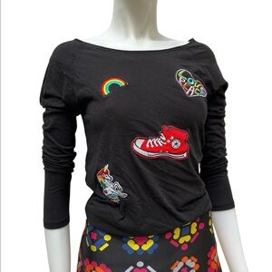 Vintage Cavio Fun Embroidery Patch Black Top Rainbow Hearts Unicorn Heart Y2K XL